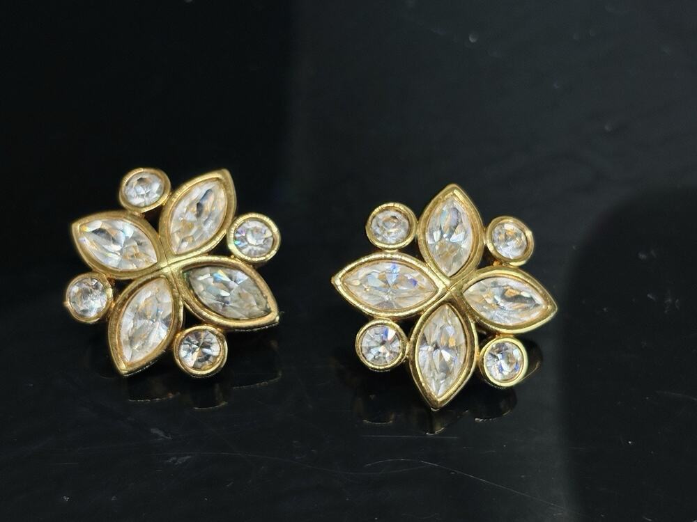 Vintage Swarovski SAL Gold Tone Marquise Rhinestone Flower Clip Earrings